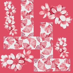 Ginkgo leaves with colored flowers seamless pattern.
