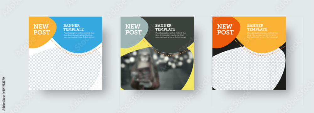 Poster Set of vector square new post with colorful geometric design presentation on white, black background.