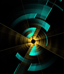 Straight yellow blades and circular turquoise blade segments rotate against a black background. Colorful abstract fractal background. 3d rendering. 3d illustration.