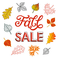 Handwritten brush and 3 d lettering of Fall Sale with foliage. Discount special offer. Vector illustration. 