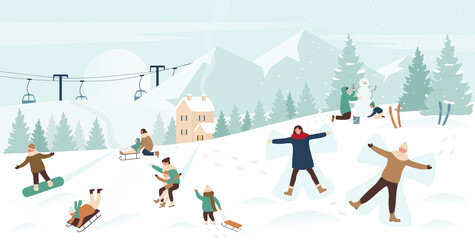 People enjoy winter sports on Christmas holidays in snow mountain landscape vector illustration. Cartoon family or friend characters snowboarding sledding downhill, making snowman xmas background