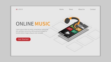 Online Music App Landing Page in Isometric Concept. Web banner or Landing page layout template. Vector Design Illustration. 