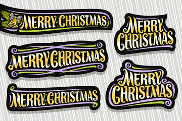 Vector set for Merry Christmas, 5 dark cut out logos with brush calligraphic font - merry christmas, decorative flourishes, fun gold bell and spruce coniferous branches on gay striped background.
