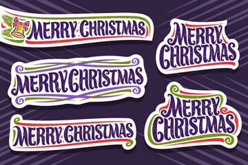 Vector set for Merry Christmas, 5 cut paper logos with brush calligraphic font - merry christmas, decorative flourishes, fun gold bell and spruce coniferous branches on purple abstract background.