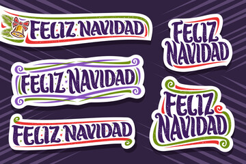 Vector set for Merry Christmas in Spanish language, 5 cut paper logos with spanish text - feliz navidad (merry christmas), decorative flourishes, golden bell and spruce branches on purple background.