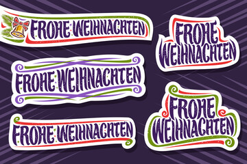 Vector set for Merry Christmas in German language, 5 cut paper logos with german text - frohe weihnachten (merry christmas), decorative flourishes, gold bell and spruce branches on purple background.