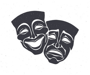 Silhouette of two theatrical comedy and drama mask. Vector illustration. Bipolar disorder symbol. Positive and negative emotion. Film and theatre industry. Isolated white background - obrazy, fototapety, plakaty