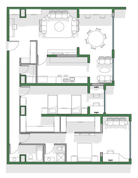 Furnished two bedrooms family residential architectural plan with shadows. Green colored walls in white background.