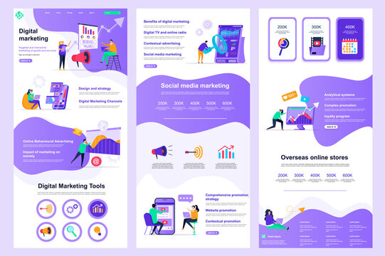 Digital marketing flat landing page. Social media marketing, promotion and advertising corporate website design. Web banner layout with header, middle content, footer. Vector illustration with people.