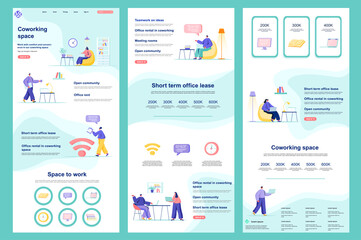 Coworking space flat landing page. Freelancers workspace, creative collaboration space corporate website. Web banner with header, middle content, footer. Vector illustration with people characters.
