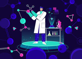 Fototapeta premium Scientist working in laboratory, holding huge molecule