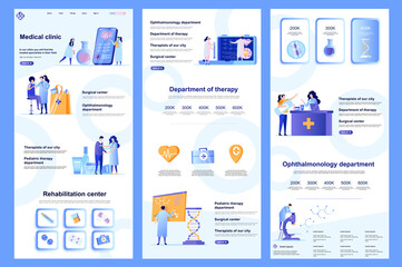 Medical clinic flat landing page. Medical rehabilitation center, modern hospital corporate website design. Web banner with header, middle content, footer. Vector illustration with people characters.