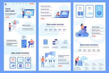 Fotobehang Cloud data center flat landing page. Database storage, online computing resources corporate website design. Web banner with header, middle content, footer. Vector illustration with people characters. © alexdndz
