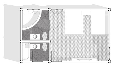 Shadowed architectural plan drawing of a small suite with two twin beds and two bathrooms with wooden parquet and ceramic floor tiling.