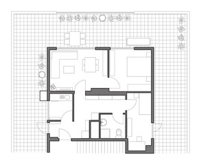 2d architectural plan of a small two bedroom house with a big terrace. Black and white layout.