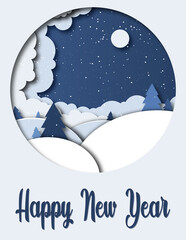 Snowy new year landscape in papercutout style