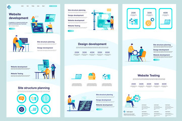 Website development flat landing page. Full stack engineering, construct and testing corporate website design. Web banner with header, middle content, footer. Vector illustration with people character - obrazy, fototapety, plakaty
