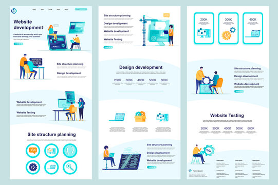 Website development flat landing page. Full stack engineering, construct and testing corporate website design. Web banner with header, middle content, footer. Vector illustration with people character