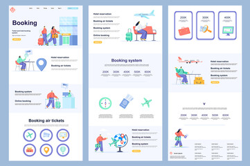Booking service flat landing page. Online air tickets booking, tour agency corporate website design. Web banner template with header, middle content, footer. Vector illustration with people characters © alexdndz