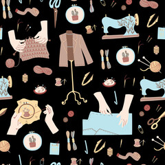 Pattern with Knitting and Sewing Tools. Vector Doodle Elements. 