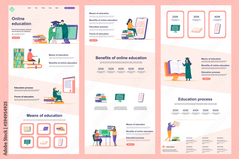 Aufkleber Distance education flat landing page. Online learning platform corporate website design. Web banner template with header, middle content, footer. Vector illustration with studying students characters.
