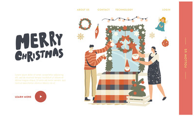 Characters Prepare for New Year and Xmas Winter Season Holidays Celebration Landing Page Template. Christmas Decor