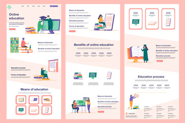 Distance education flat landing page. Online learning platform corporate website design. Web banner template with header, middle content, footer. Vector illustration with studying students characters.