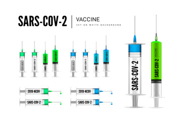 Syringe with coronavirus drug. SARS-CoV-2, covid-2019. Vector 3d illustration