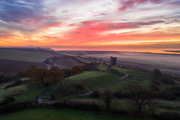 Fototapeta premium Hadleigh Castle Medieval Ruins at Autumn Sunrise Aerial Drone Landscape in Benfleet Essex England