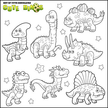 cartoon cute dinosaurs, coloring book, set of images