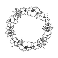 Hand drawn floral oval frame wreath on white background