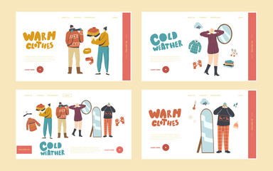 Characters Wearing Warm Clothes Landing Page Template Set. People in Knitted Handmade Pullover, Scarves and Hats