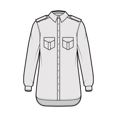 Shirt epaulette technical fashion illustration with flaps angled pockets, long sleeve, relax fit, button-down, regular collar. Flat template front, grey color. Women men unisex top CAD mockup