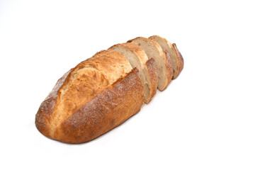 Fresh daily baking healthy plain sourdough loaf sliding into small pieces dropped shadows isolated white background 