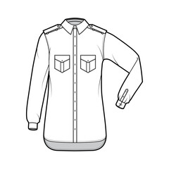 Shirt epaulette technical fashion illustration with flaps angled pockets, elbow fold long sleeve, relax fit, button-down, regular collar. Flat template front, white color. Women men unisex top CAD