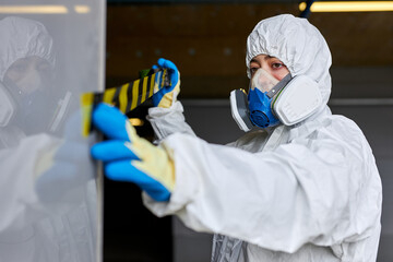 disinfectant male paste over the walls with warning tape, don't be allowed. outdoors