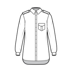 Shirt epaulette technical fashion illustration with flaps angled pocket, long sleeve, relax fit, button-down, regular collar. Flat template front, white color. Women men unisex top CAD mockup