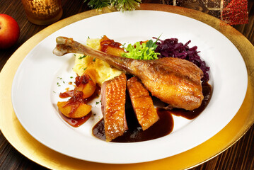 Classic Christmas Goose with red Cabbage and Potato Puree