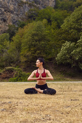 Fototapeta na wymiar Yoga classes in nature. The concept of playing sports alone. Social exclusion. A woman does yoga in the mountains