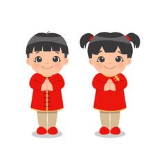 Couple of cute kids in greeting pose for lunar new year. Chinese tradition holiday. Flat vector clip art isolated on white.