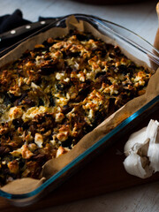 Rustic farmhouse spinach quiche in natural light