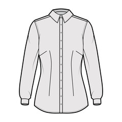 Shirt fitted technical fashion illustration with long sleeves with cuff, slim fit, darts, button-down, regular collar. Flat template front, grey color. Women men unisex top CAD mockup