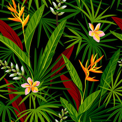 Fototapeta na wymiar Jungle seamless pattern with tropical leaves and flowers. Realistic vegetation vector background.