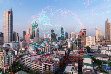 World planet Earth map hologram over panorama city view of Bangkok, Asia. The concept of international connections and business. Multi Exposure.