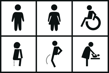 Vector image. Pictograms for women, handicapped, changing table, babies and men's restrooms.