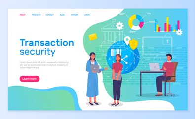 Transaction security, people working in bank, new technologies protect finance, modern app, people communicating, discussing protection, tech support of service, safety of payment in global network
