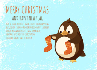 Merry Christmas and happy New Year penguin cartoon character with socks in wings vector. North Pole bird with Santa stockings in cartoon style, text sample
