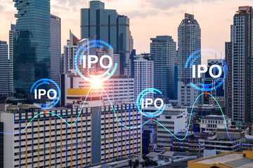 Hologram of IPO glowing icon, sunset panoramic city view of Bangkok. The financial hub for transnational companies in Asia. The concept of boosting the growth by IPO process. Double exposure.