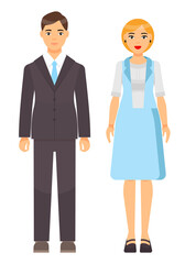 Fototapeta premium Cartoon characters, stylish businesspeople wearing office suits. Businessman in jacket, shirt, tie, trousers. Businesswoman wear light blue vest and skirt with white blouse. Office dresscode concept