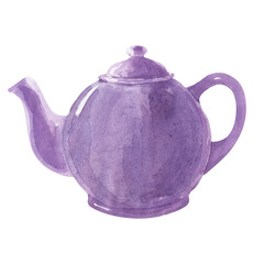 Watercolor images of colored porcelain and ceramic teapots and mugs of various shapes
